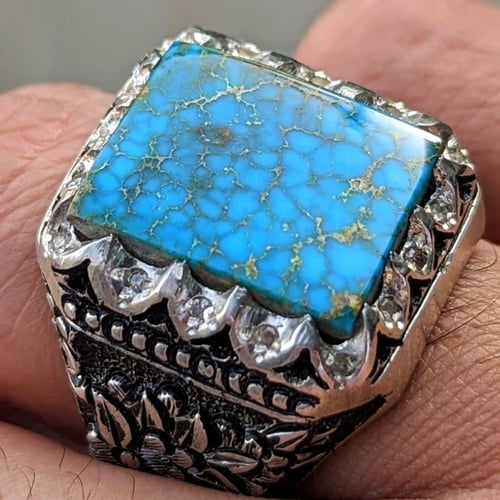 خاتم فيروز نيشابوري طبيعي أصلي شجري قطع مربع مرصع...