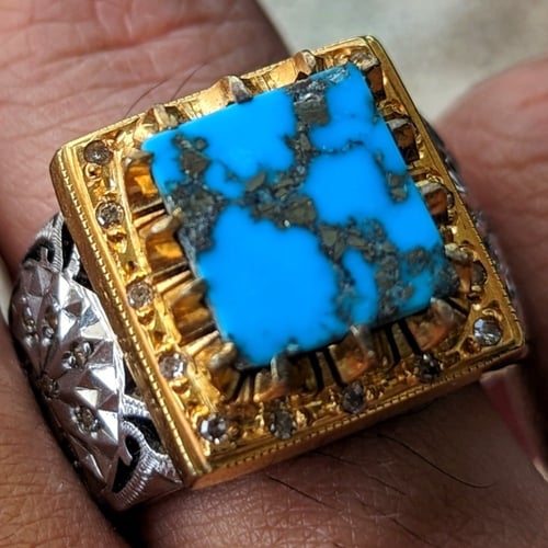 خاتم فيروز نيشابوري طبيعي قطع مربع مرصع ألماس صياغ...