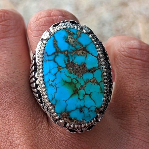 خاتم فيروز نيشابوري طبيعي أزرق على أخضر صياغة زنجا...