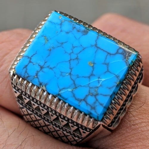 خاتم فيروز نيشابوري طبيعي أزرق قطع مربع شجري صياغة...