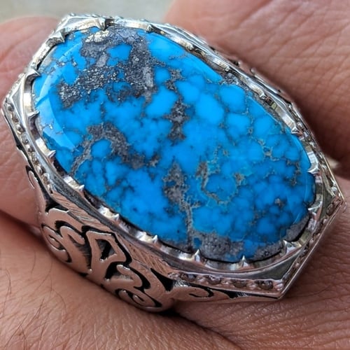 خاتم فيروز نيشابوري طبيعي أزرق مرصع ألماس صياغة حج...