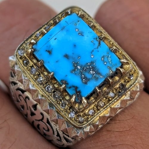 خاتم فيروز نيشابوري طبيعي قص مربع مرصع بالألماس صي...