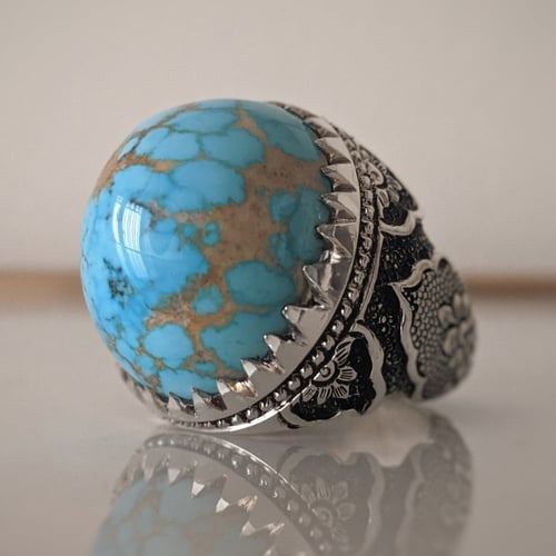 خاتم فيروز نيشابوري أصلي وطبيعي تحفة مميزة صياغة ج...