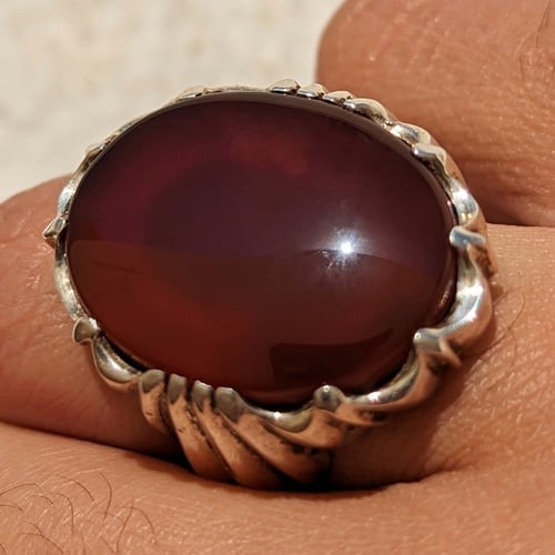 خاتم عقيق يماني أصلي أحمر رماني دموي صياغة عقيل