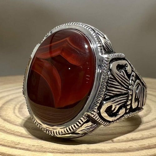 خاتم عقيق يماني أصلي طبيعي كرزي مزعفر صياغة إشفاق