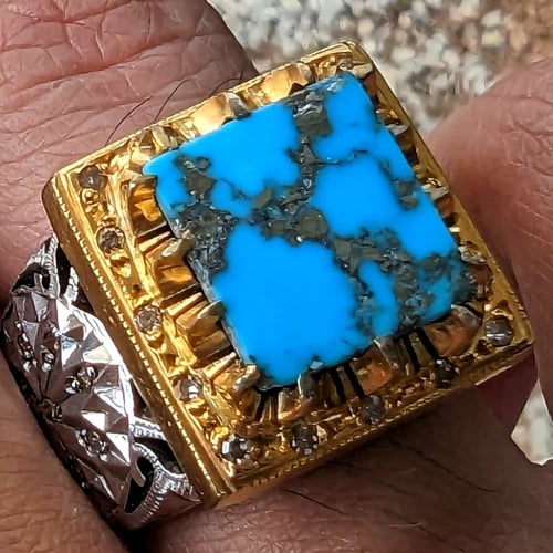 خاتم فيروز نيشابوري طبيعي قطع مربع مرصع ألماس صياغ...