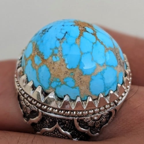 خاتم فيروز نيشابوري أصلي وطبيعي تحفة مميزة صياغة ج...