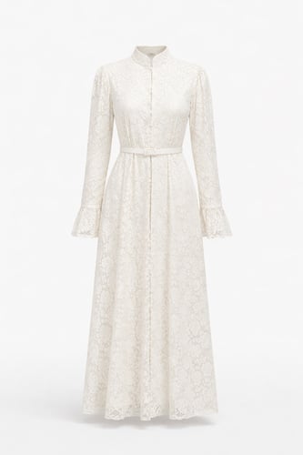 فستان دانتيل بأزرار أمامية وحزام مجدول