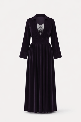 فستان مخمل برباط خصر وتفاصيل سلاسل كريستالية