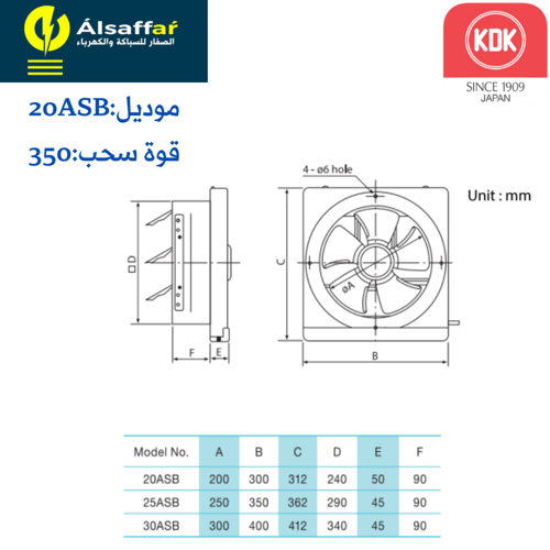 مروحة شفط جدارية ريش حديد KDK 20ASB مقاس 25*25