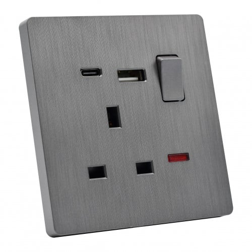 فيش بمفتاح 13 امبير+ USB+TYPE C مفرد بيانو رمادي 7...