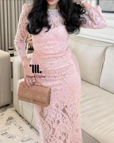 فستان دانتيل برقبة الكرستال ميدي (#125)