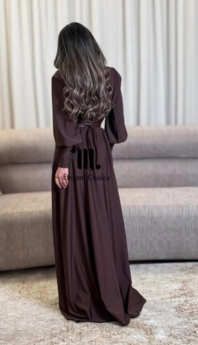 فستان بني أنيق بحزام عريض وتصميم انسيابي فخم(#112)