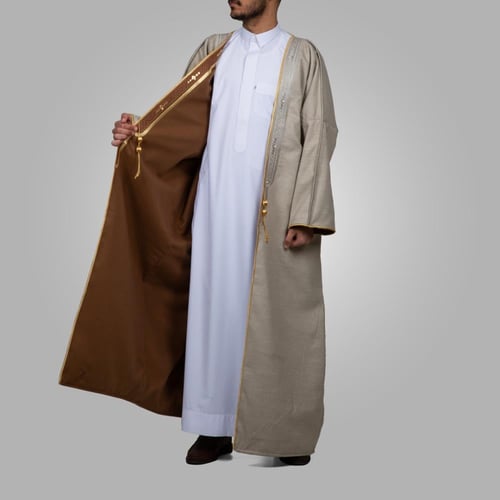 فروة رجالي مطرز وجهين جوخ بني وبيج غامق