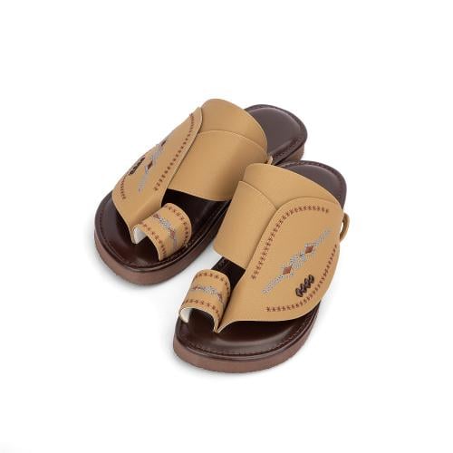 نعال شرقي جلد طبي مطرز بيج غامق