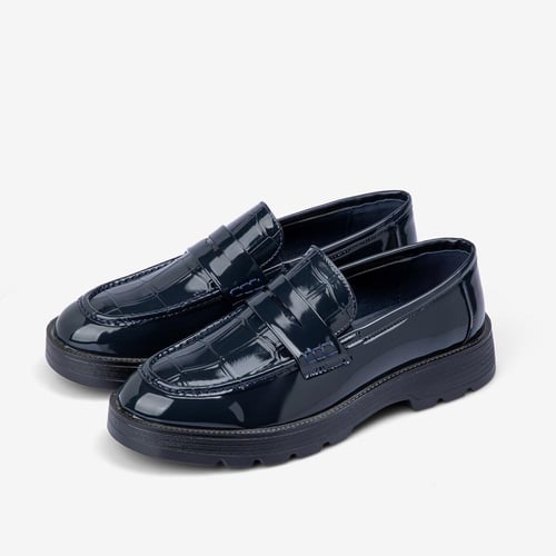 حذاء لوفر كحلي جلد لامع بنقشة تمساح