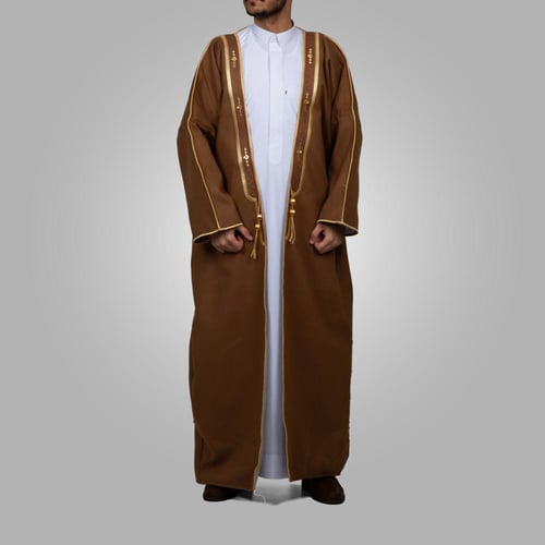 فروة رجالي مطرز وجهين جوخ بني وبيج غامق