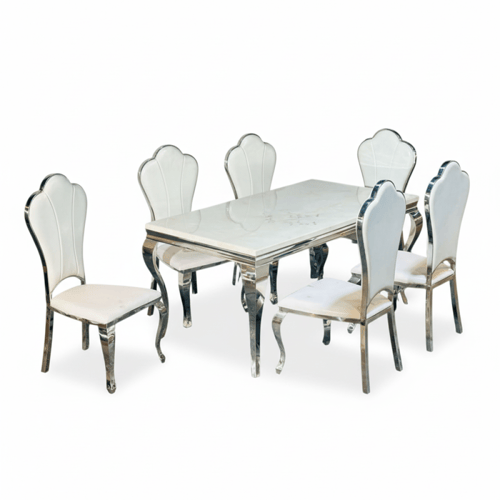 طاولة طعام أبيض وفضي – تصميم عصري يناسب كل المساحا...