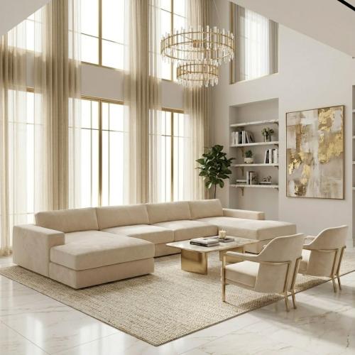 طقم كنب زاوية عصري بلون بيج وتصميم واسع ومريح