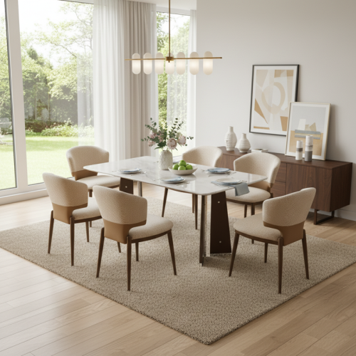 طقم طاولة طعام رخام أبيض مع قاعدة خشب والنت – 4 أش...