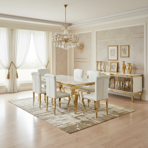 طاولة طعام مستطيلة أبيض وذهبي – مثالية للعائلة الم...