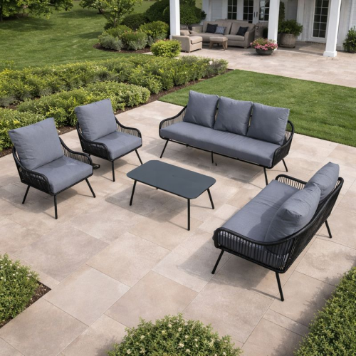 طقم كنب خارجي 7 مقاعد مع طاولة – أسود × رمادي (قما...