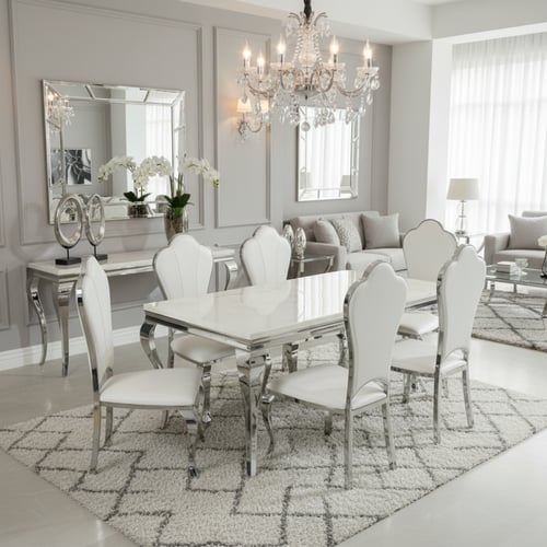 طاولة طعام أبيض وفضي – تصميم عصري يناسب كل المساحا...