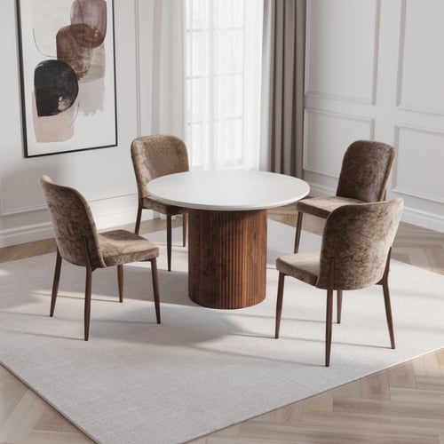 طقم طاولة طعام بني دائري مع 4 كراسي – دفء وأناقة ف...