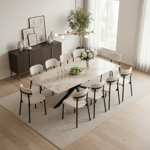 طقم طاولة طعام سيراميك بيج مستطيل – طاولة + 10 كرا...