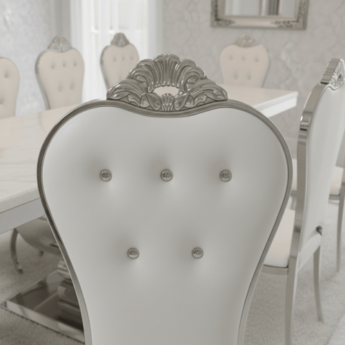 طاولة طعام مستطيلة أبيض وفضي – تصميم عصري مع تفاصي...