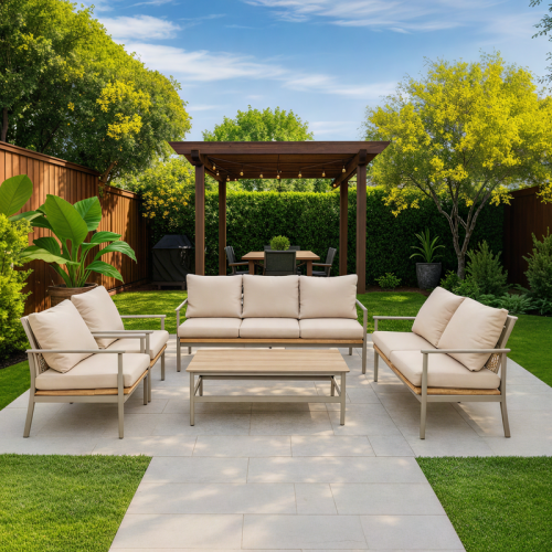 طقم كنب خارجي 7 أشخاص بيج مع طاولة – راحة وأناقة ل...