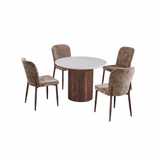 طقم طاولة طعام بني دائري مع 4 كراسي – دفء وأناقة ف...