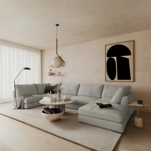 طقم كنب زاوية على شكل U بلون رمادي – تصميم مودرن ف...