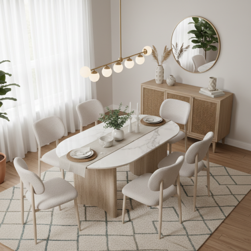 طاولة طعام سيراميك مع 6 كراسي – تصميم عصري بشكل بي...