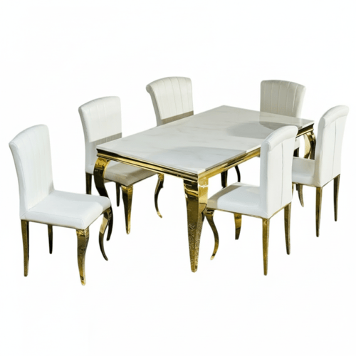 طاولة طعام مستطيلة أبيض وذهبي – مثالية للعائلة الم...