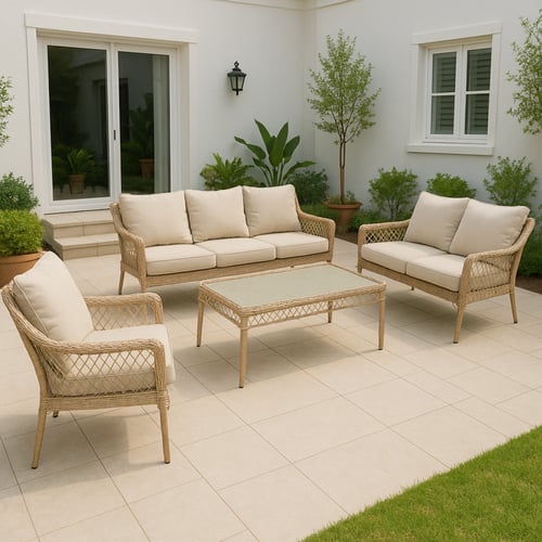 طقم كنب خارجي 7 أشخاص بيج مع طاولة – تصميم بسيط ور...