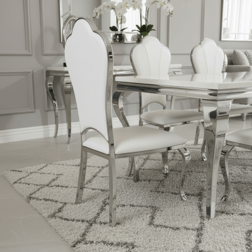 طاولة طعام أبيض وفضي – تصميم عصري يناسب كل المساحا...