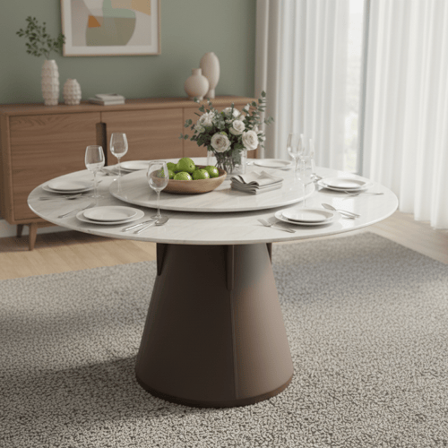 طاولة طعام دائرية بنية مع 6 كراسي – تصميم عملي لعا...