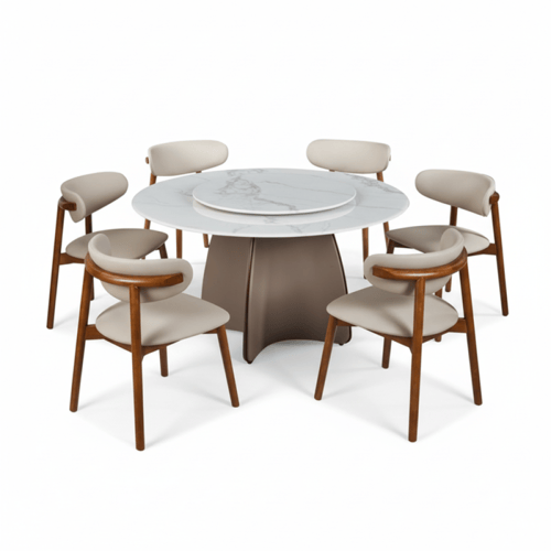 طاولة طعام دائرية بيج مع 6 كراسي – تصميم عملي وعصر...