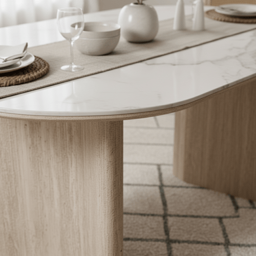 طاولة طعام سيراميك مع 6 كراسي – تصميم عصري بشكل بي...