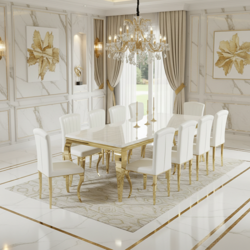 طاولة طعام مستطيلة أبيض وذهبي – مساحة أنيقة لعائلا...