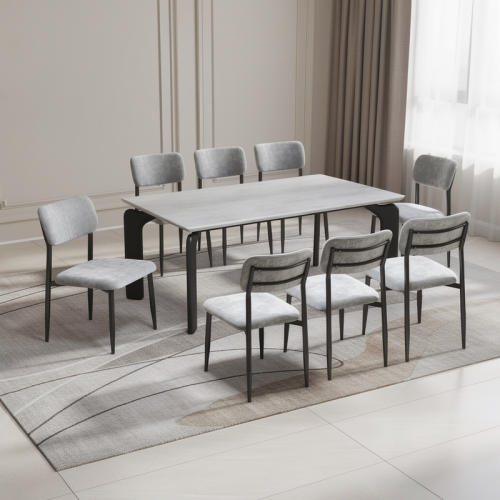 طقم سفرة رمادي رخام مستطيل مع 8 كراسي – أناقة معدن...