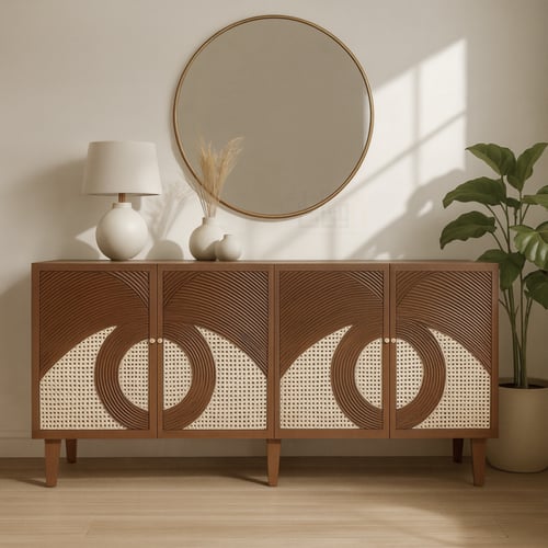 طاولة بوفيه بنية من الخشب الصلب بتطريز هندي تقليدي...