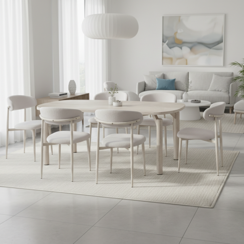 طقم طاولة طعام مستطيل بيج – بديل رخام عملي وأنيق