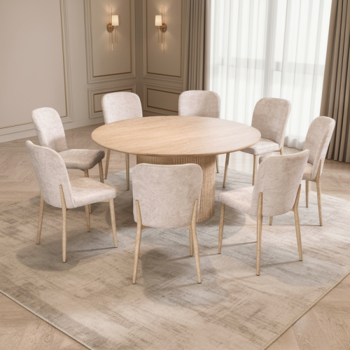 طقم طاولة طعام بيج دائري مع 8 كراسي – رفاهية للمسا...