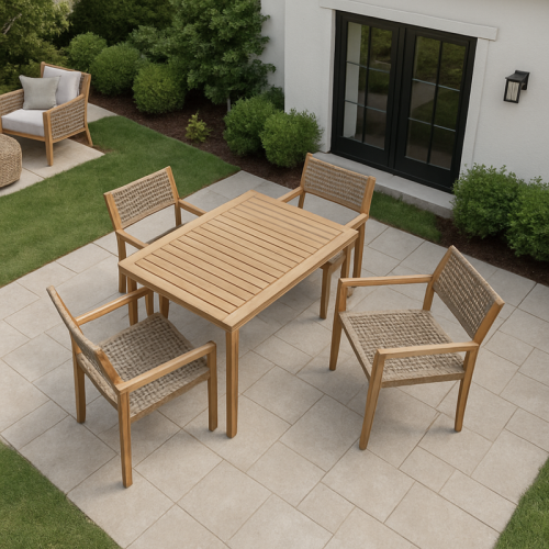 طقم سفرة خشبي خارجي 5 قطع طاولة وأربعة كراسي بتصمي...