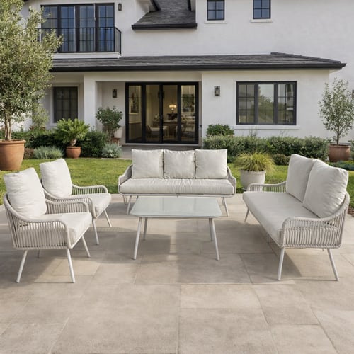 طقم كنب خارجي 7 مقاعد مع طاولة – أبيض × بيج (معدن...