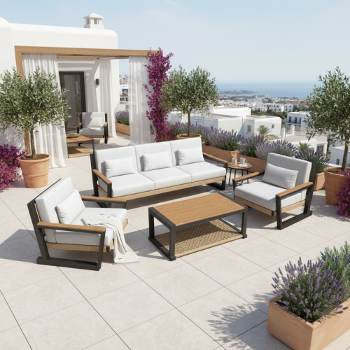 طقم جلسة خارجية أنيق 4 قطع – خشب ومعدن مع وسائد رم...