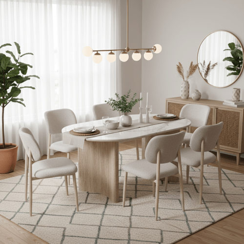 طاولة طعام سيراميك مع 6 كراسي – تصميم عصري بشكل بي...