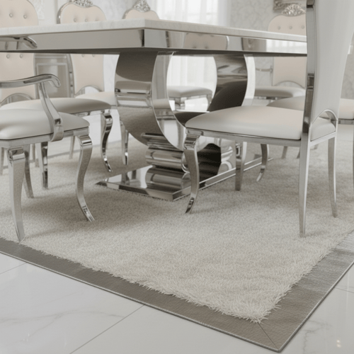 طاولة طعام مستطيلة أبيض وفضي – تصميم عصري مع تفاصي...